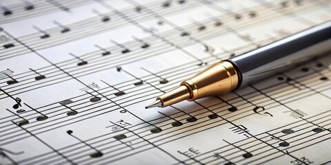 A gold-tipped pen rests on a sheet of music paper, poised to create a new melody.