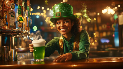 Joyful smiling woman bartender dressed in vibrant St. Patrick's Day attire, festive bar, mug of green beer, cheerful pub atmosphere. Ireland, irish culture concept