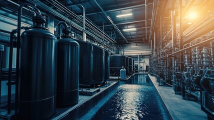 Fototapeta premium Industrial Water Treatment Facility with Machinery and Pipelines