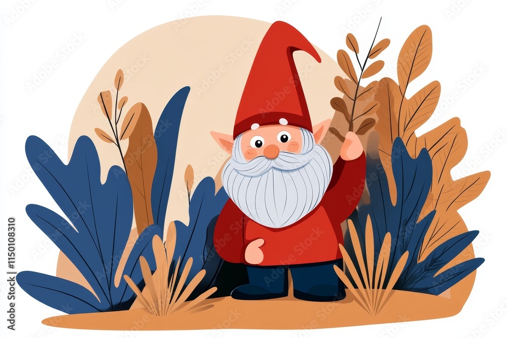 Poster a conceptual flat design of a gnome peeking out from behind a plant, with clean lines and a playful 