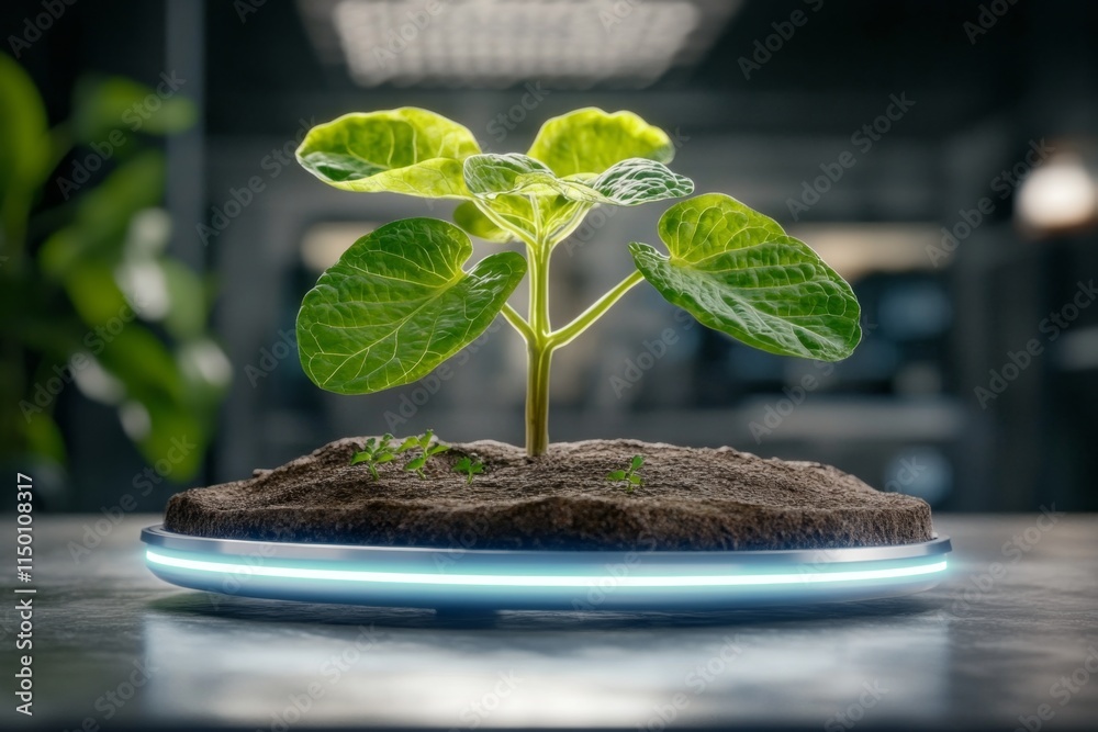 Poster a conceptual display of a genetically modified plant with glowing leaves, set in a biophilic design 