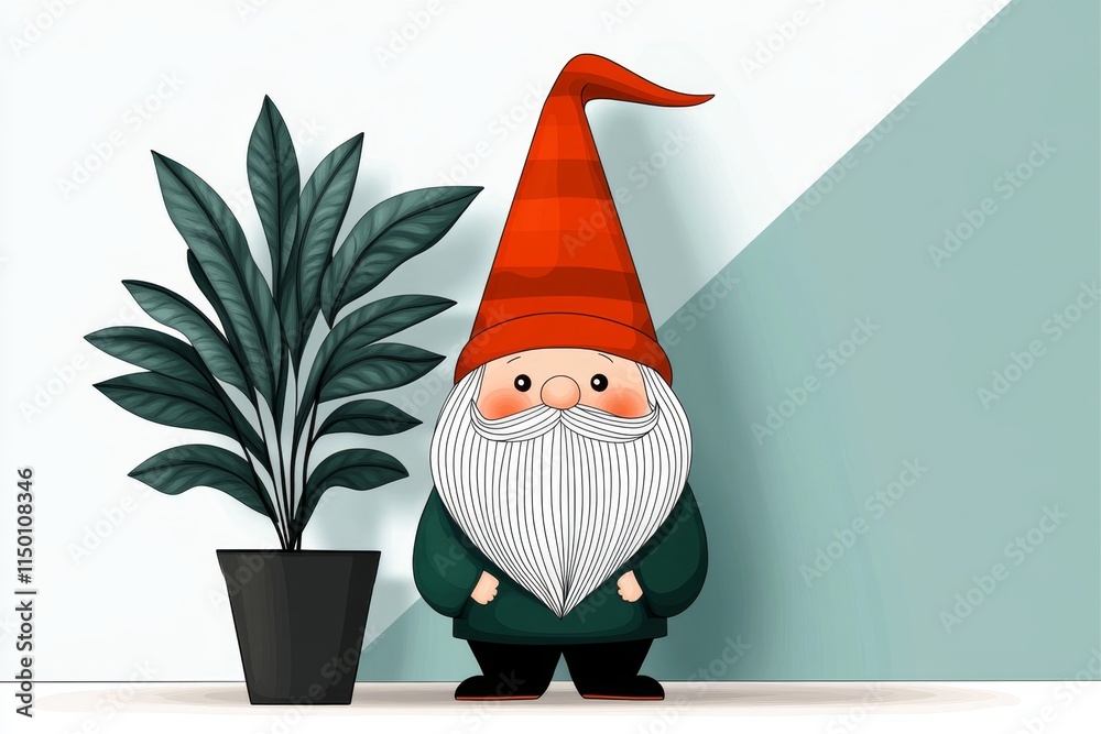 Aufkleber a conceptual flat design of a gnome peeking out from behind a plant, with clean lines and a playful 