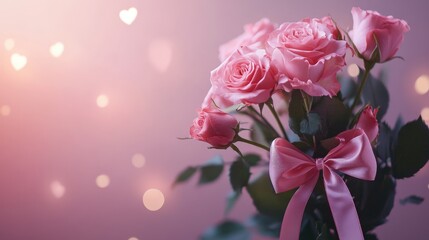 A beautiful bouquet of pink roses accented with a ribbon, set against a dreamy, softly lit background filled with hearts.