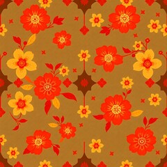 Autumnal Floral Pattern: A warm and inviting seamless pattern featuring orange and yellow flowers on a brown background. Perfect for textile design, wallpaper.