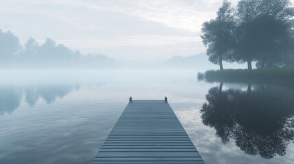 Obraz premium A straight flat simplistic rectangular lake dock, beautiful sunrise, foggy, calm water