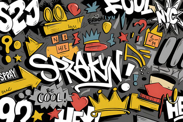 Dynamic Urban Graffiti Collage with Playful Monochrome Street Art Elements