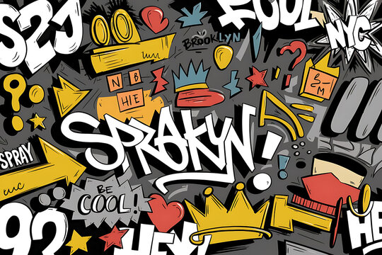 Fototapeta Dynamic Urban Graffiti Collage with Playful Monochrome Street Art Elements