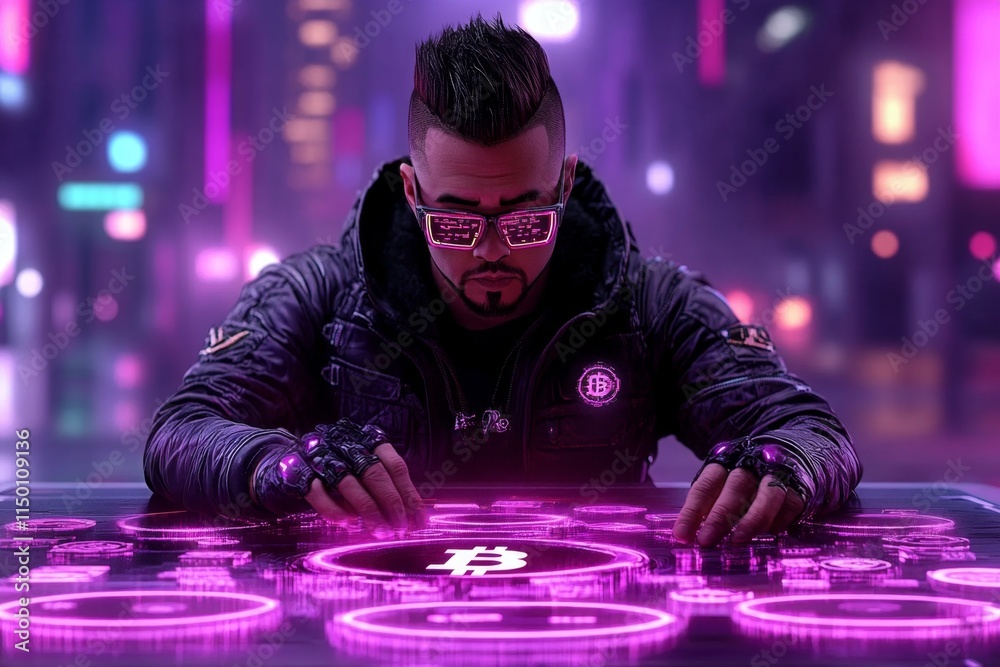 Aufkleber a cyberpunk forex trading scene with glowing neon charts, holographic screens, and a trader surround