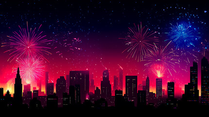 Fototapeta premium A stunning display of fireworks lighting up the night sky on New Year's Eve, with a silhouetted city skyline in the foreground.