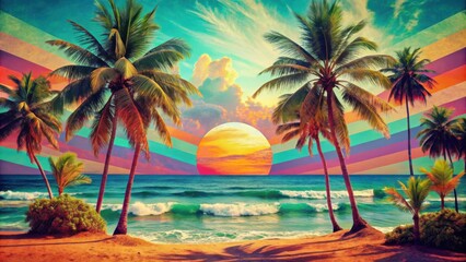 Obraz premium A tropical paradise sunset with palm trees and colorful striped sky, creating a vibrant and surreal atmosphere.