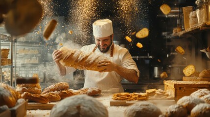 Obraz premium Artisan Baker Creating Fresh Bread in a Cozy Bakery