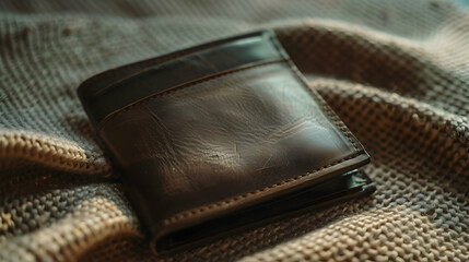 Close-up of a dark brown leather wallet resting on a textured fabric.