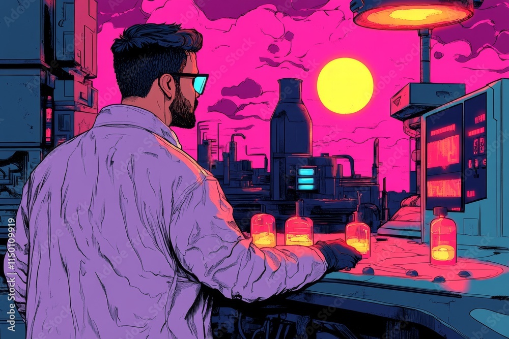Poster a dark scene of a futuristic scientist working in a gothic-inspired lab, with glowing potions and my