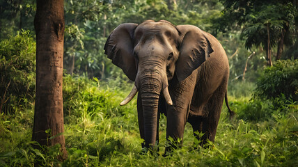 Majestic Indian elephant standing in a lush green forest , Elephant, India, Wildlife, Majestic, Forest, Trunk, Tusks, Mammal
