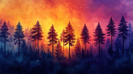 Vibrant sunset over a silhouetted pine forest, painted in warm and cool colors.