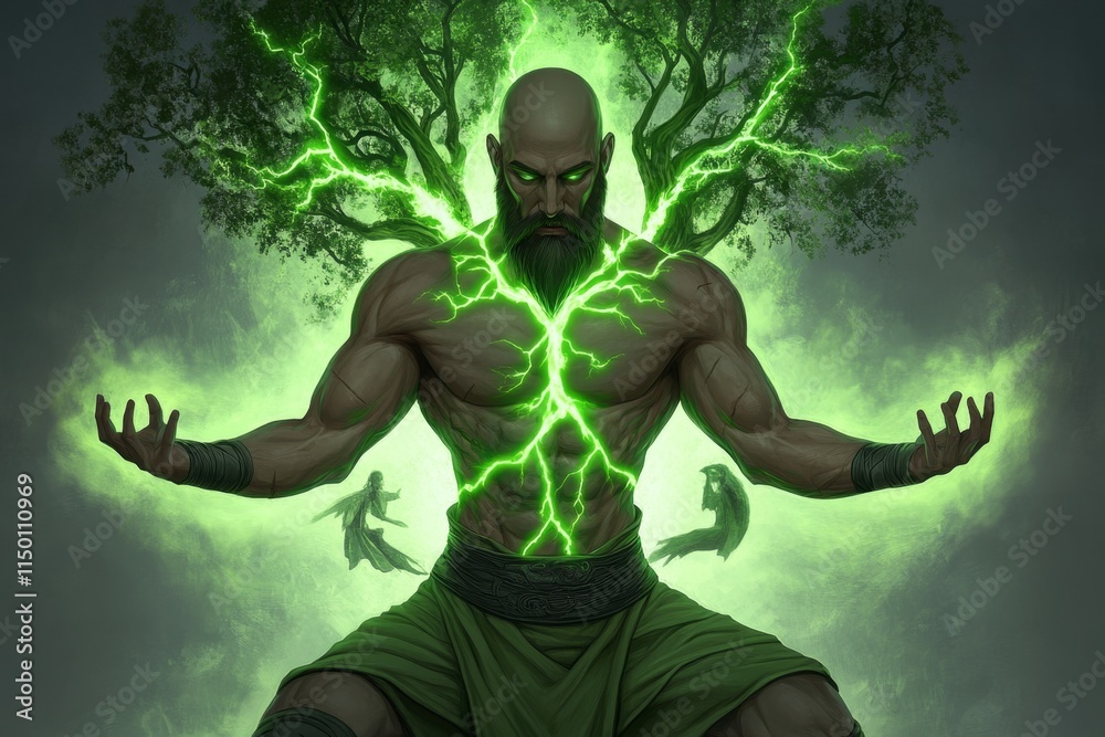 Poster a divine guardian protecting a sacred tree, glowing with an ethereal green light, with mystical crea