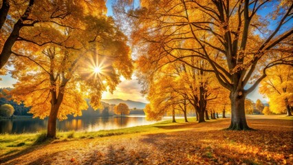 Fototapeta premium Golden Autumn Landscape with Sun Rays Filtering Through Trees and Reflecting on a Calm Lake