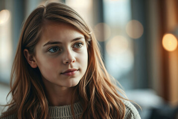Portrait of a thoughtful young woman in a cozy indoor setting