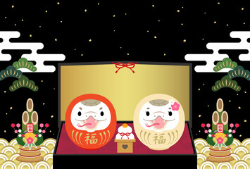 2025年　巳年　年賀状　紅白巳だるまと金屏風【黒】　文字なし