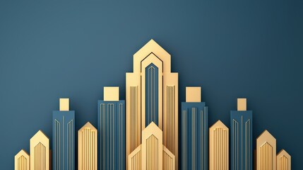 Fototapeta premium A modern geometric design featuring golden and blue elements resembling stylized skyscrapers against a dark blue background.