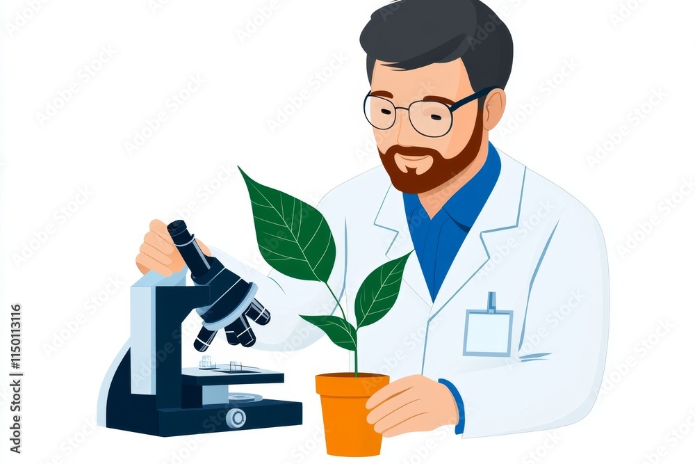 Poster a flat design of a scientist examining a glowing gmo plant under a microscope, with a clean white ba