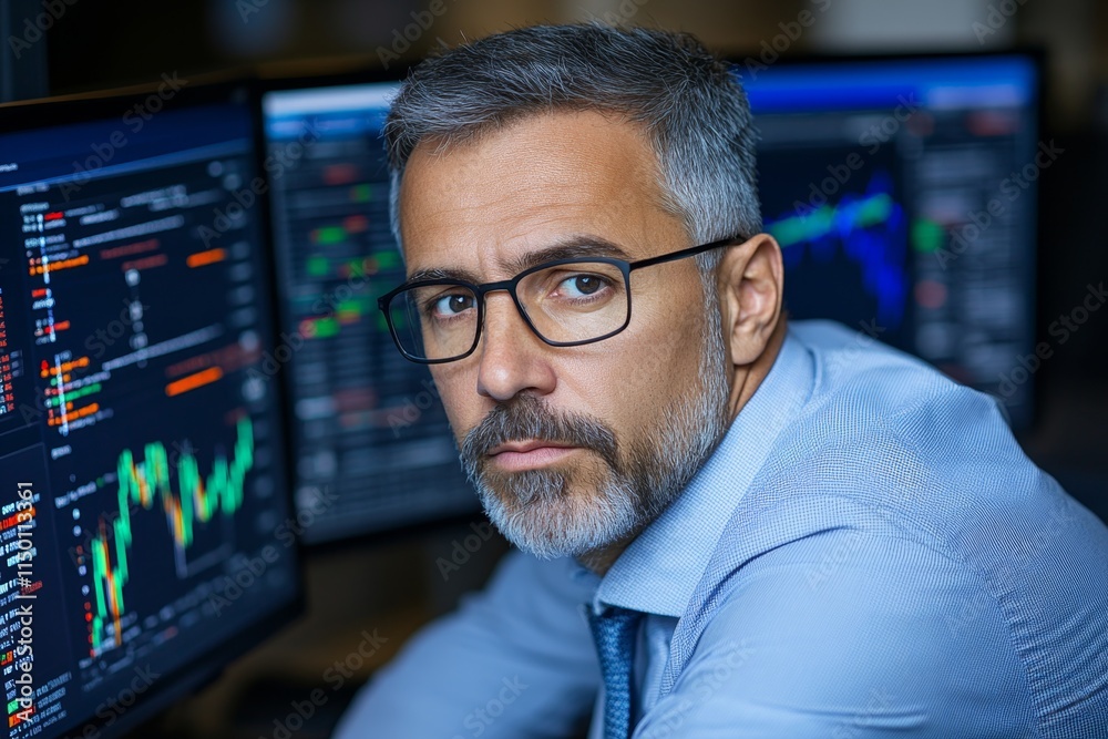 Poster A forex trader analyzing multiple monitors with live forex charts, currency pair trends, and real-time trading platforms