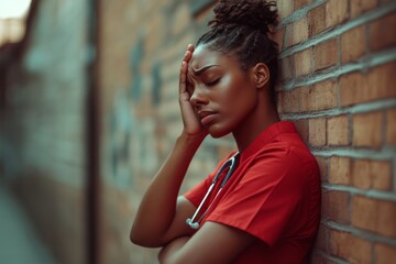 A nurse in deep thought faces the challenges of her profession. Emotions run deep in healthcare. This image captures a moment of reflection. Generative AI