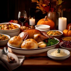 Generated image Traditional Thanksgiving spread with homemade dinner rolls, gravy boat