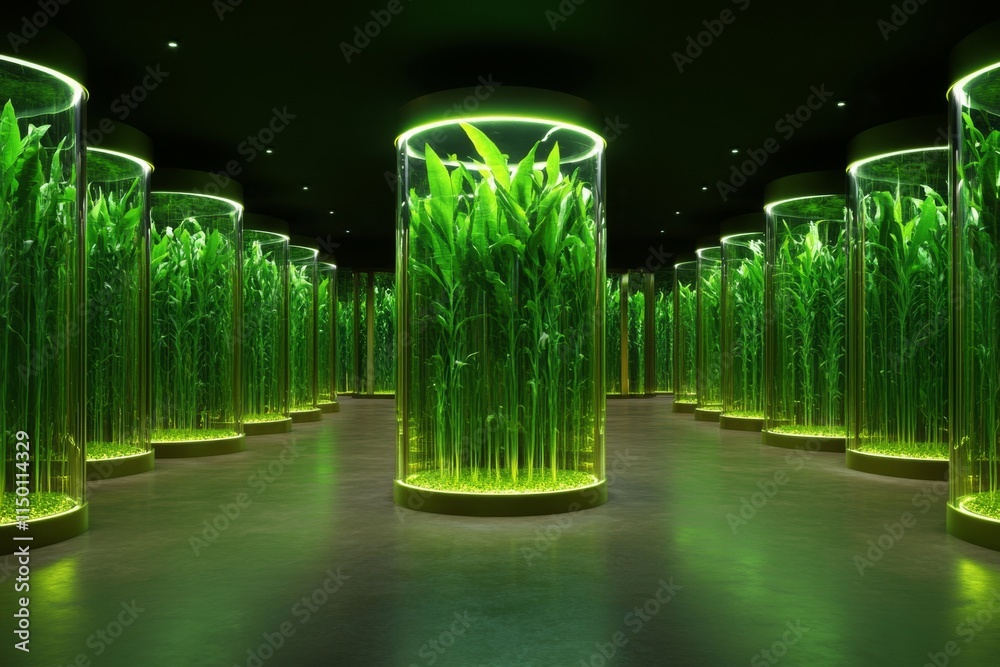 Poster A futuristic lab featuring transparent chambers where GMO crops are growing under controlled conditions with LED lighting