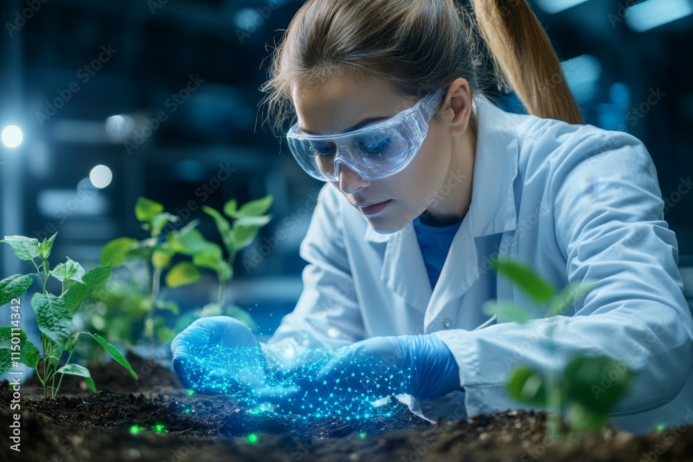 Poster a futuristic lab scene with a holographic interface showing a genetic map, surrounded by glowing sam