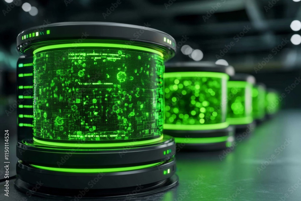 Poster A futuristic laboratory setup showing GMO bacteria glowing in multiple petri dishes, each connected to data analysis displays