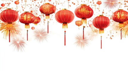 A Chinese New Year celebration scene with fireworks and lanterns, symbolizing happiness and fortune, all set on a white background