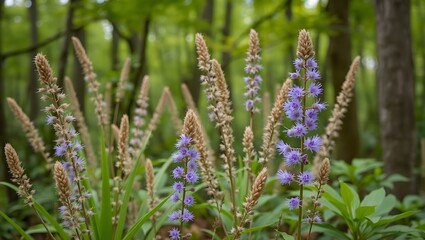 Fototapeta premium Forest plants with brown seed heads among trees, suitable for nature backgrounds, botanical illustrations, environmental concepts, and biodiversity themes