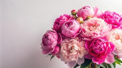 Fototapeta premium A vibrant bouquet of pink peonies, their delicate petals unfurling in a symphony of color against a soft, white backdrop.