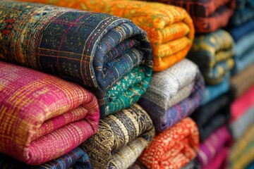Fototapeta premium Stack of vibrant rolled fabrics in a shop