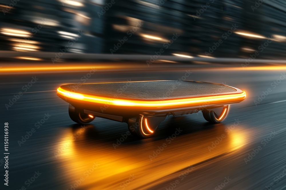 Poster A glowing hoverboard speeding across a sleek urban environment, with trails of light left in its path