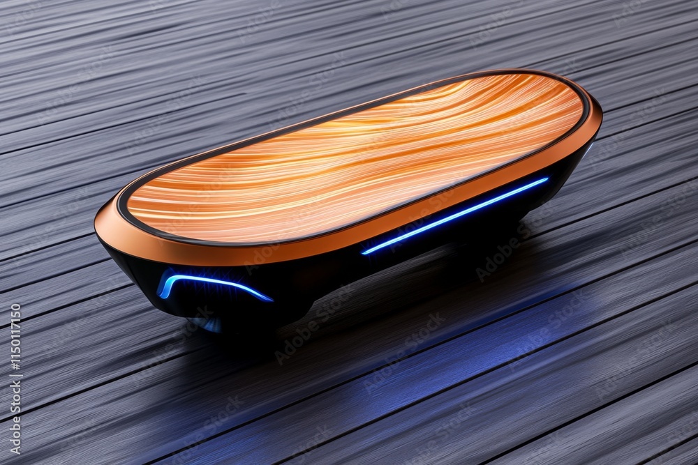 Poster A glowing hoverboard speeding across a sleek urban environment, with trails of light left in its path