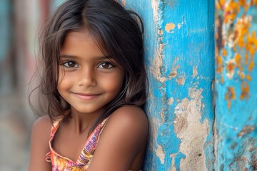 Fototapeta premium Smiling girl standing near a weathered blue wall