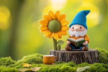 Naklejka premium A gnome reading a tiny book under a sunflower, sitting on a tree stump with a tiny teacup by his side