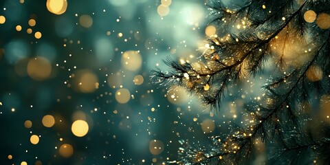 Magical Winter Night Glimmering Pine Branches Festive Lights Sparkling Bokeh Background