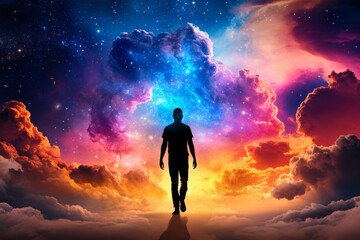 Fototapeta premium A god emerging from a swirling galaxy, with radiant cosmic colors and stardust surrounding their ethereal form