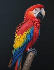 Obraz premium Vibrant Macaw Perched on a Branch Against a Black Background