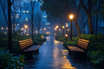 Park pathway illuminated by streetlights on a rainy evening
