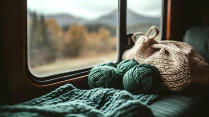 Green yarn balls and crochet bag resting on knitted blanket by train window with autumnal landscape