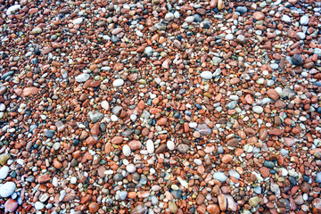 Colorful natural background: beach with bright multi-colored pebbles close-up. Seashore in Sveti Stefan (Budva municipality, Montenegro): beautiful wet pebbles of pink, white and dark blue color.