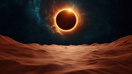 A stunning cosmic scene featuring a solar eclipse over a sandy landscape, illuminated by a glowing corona against a starry sky.