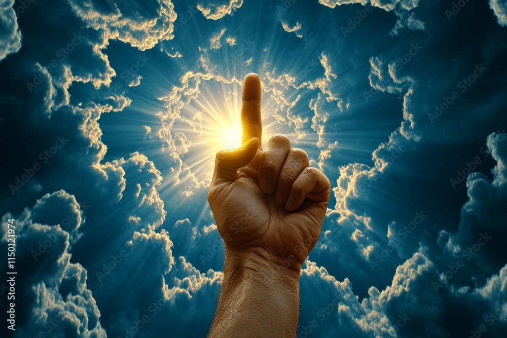 Poster a hand reaching down from the heavens, surrounded by ethereal light and swirling clouds, symbolizing