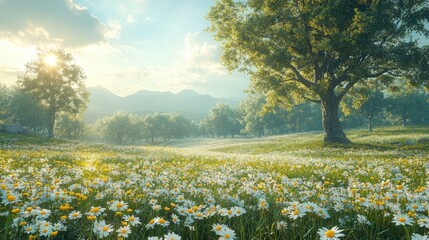 Obraz premium Sunlit daisy field, trees, mountains, idyllic scene.