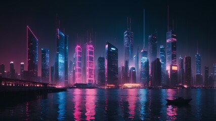 A futuristic cityscape with neon lights, sleek skyscrapers, and water reflecting vibrant colors at night.