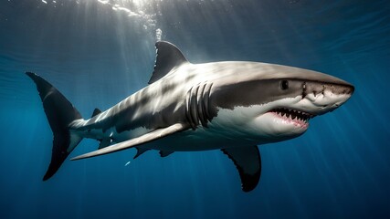 Fototapeta premium Majestic great white shark swims in clear blue ocean water, sunlight filtering from above. Powerful predator in its natural habitat.